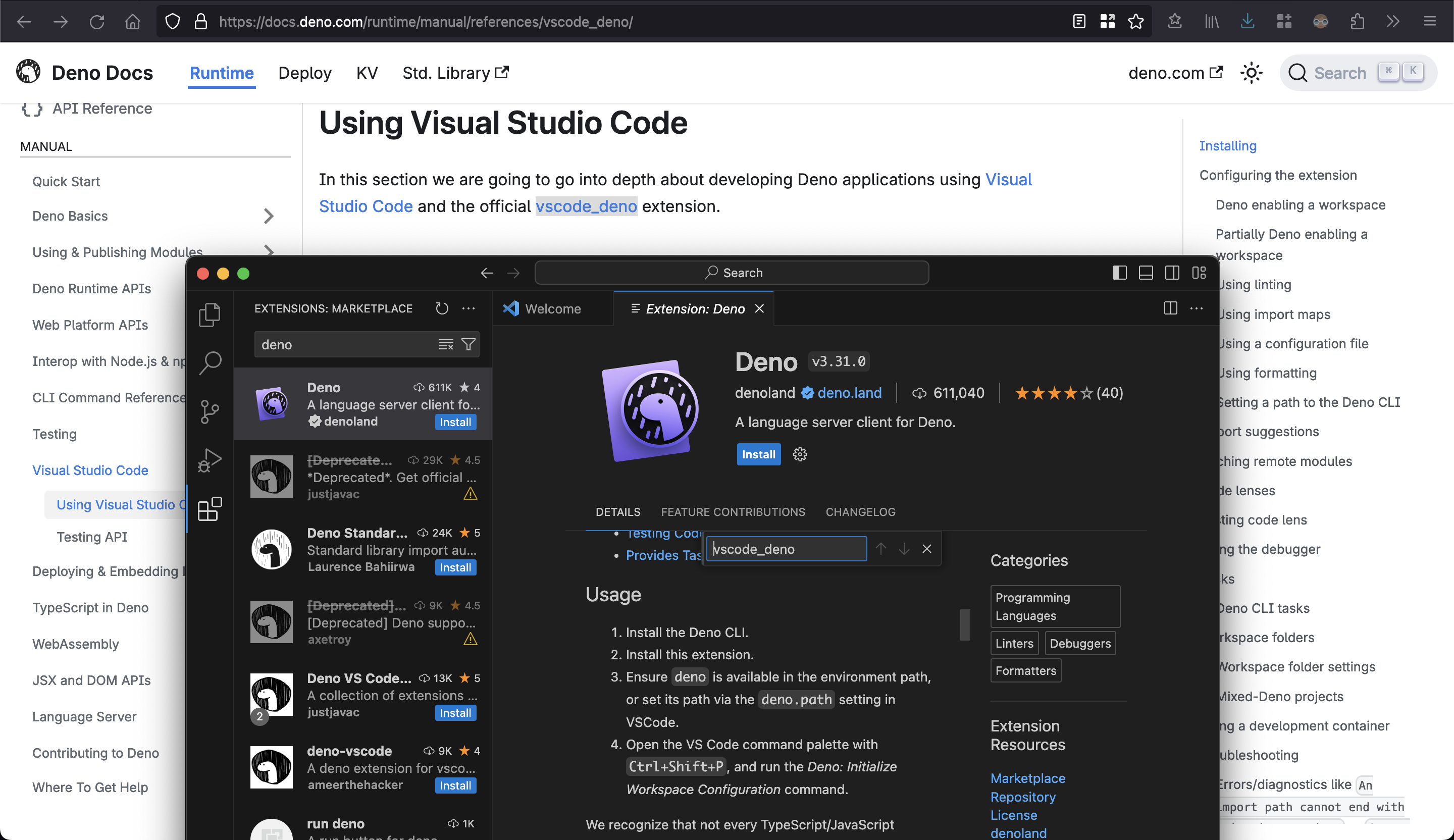 The Deno docs use 'vscode_deno' but that doesn't appear in the Code extension itself